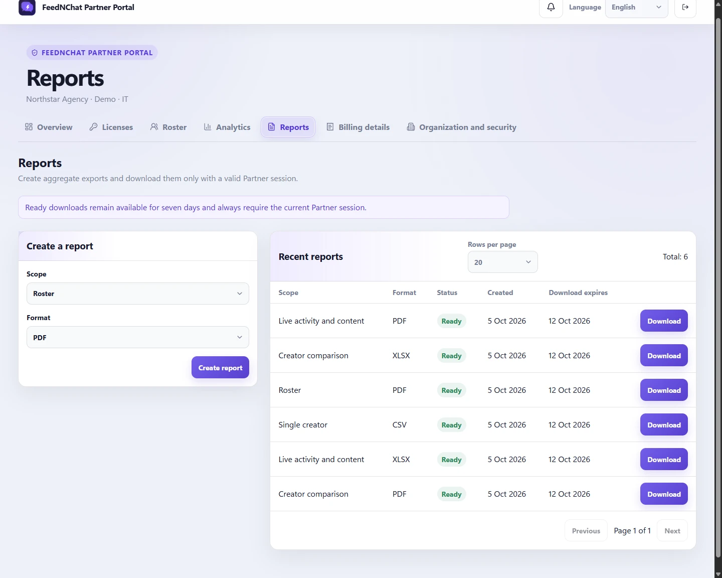 FeedNChat Partner Portal: Report builder · synthetic report jobs. English interface with demo data.