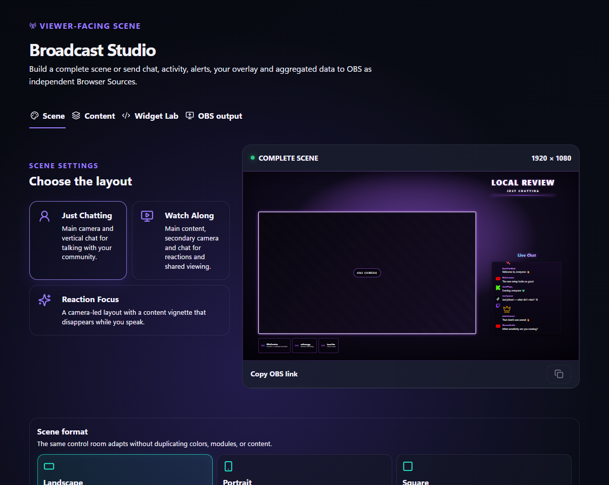 FeedNChat: Broadcast Studio scene editor · demo content English interface with demo content.