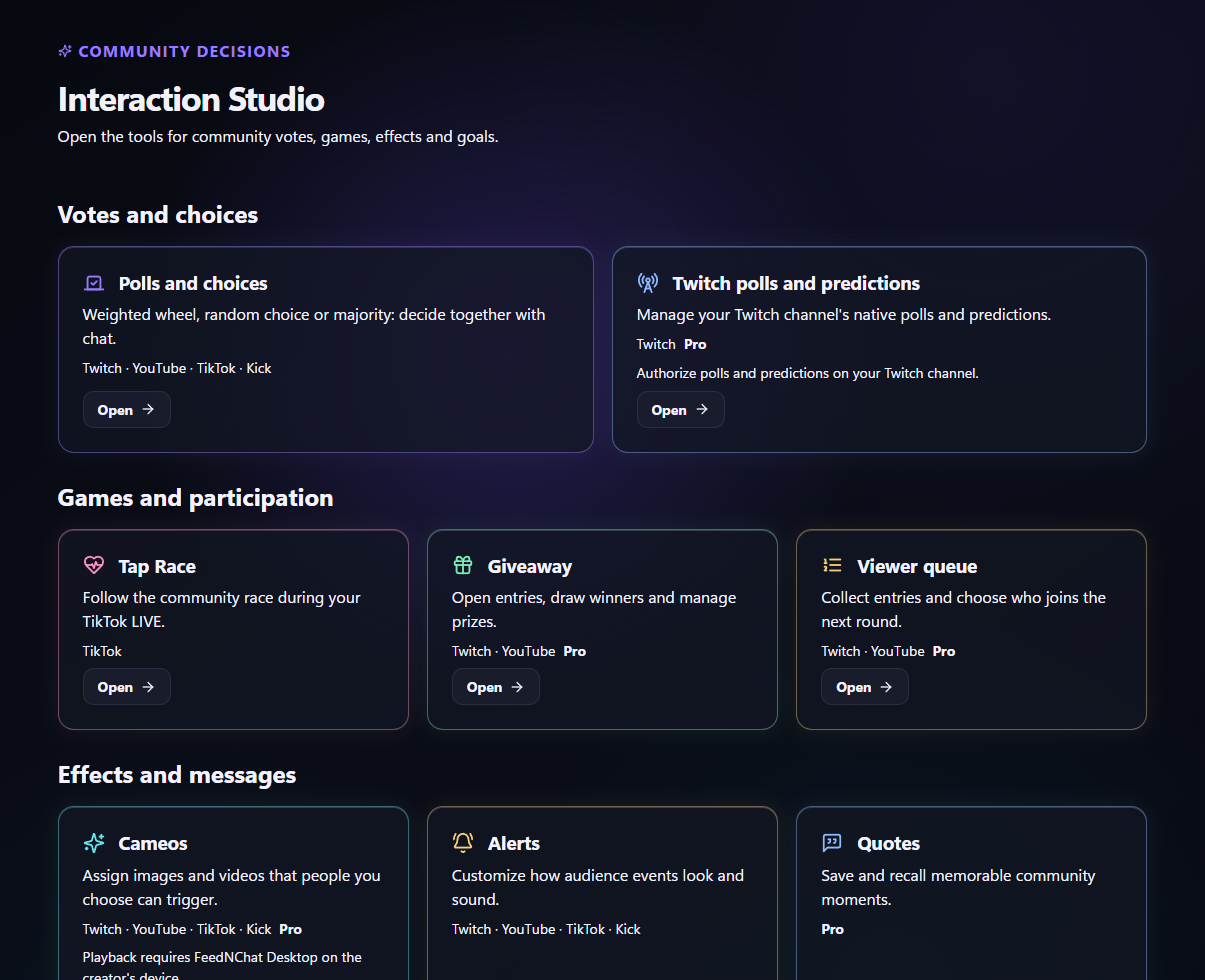 FeedNChat: Interaction Studio catalogue · Pro demo workspace English interface with demo content.