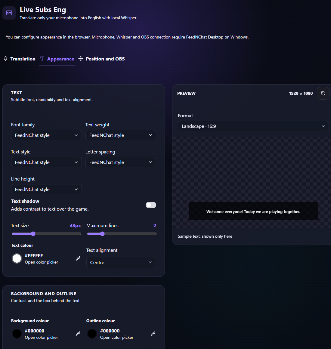 FeedNChat: Live Subs Eng appearance editor · sample text English interface with demo content.